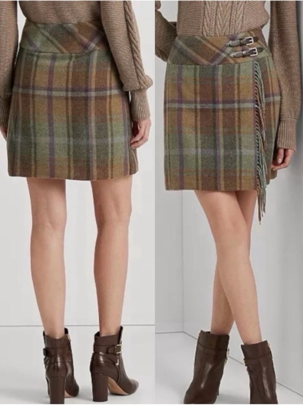NWT Lauren Ralph Lauren Wool Plaid Kilt Skirt Fringe Tweed Wrap Green Purple 14